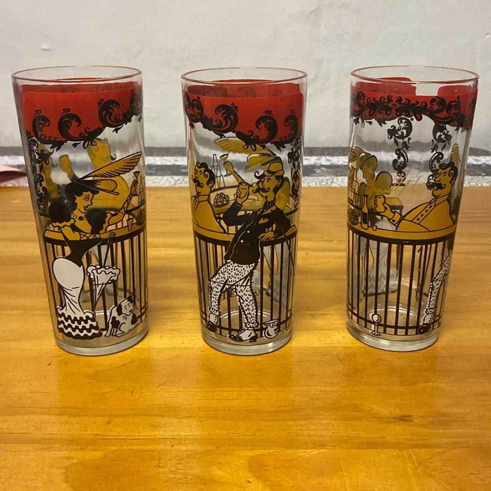 3 - Vintage 50s Hazel Atlas Gay 90s Victorian Saloon Drinking Glass Tumblers A-8